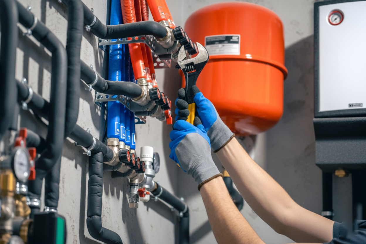 Plumber working on boiler installation in Cork home